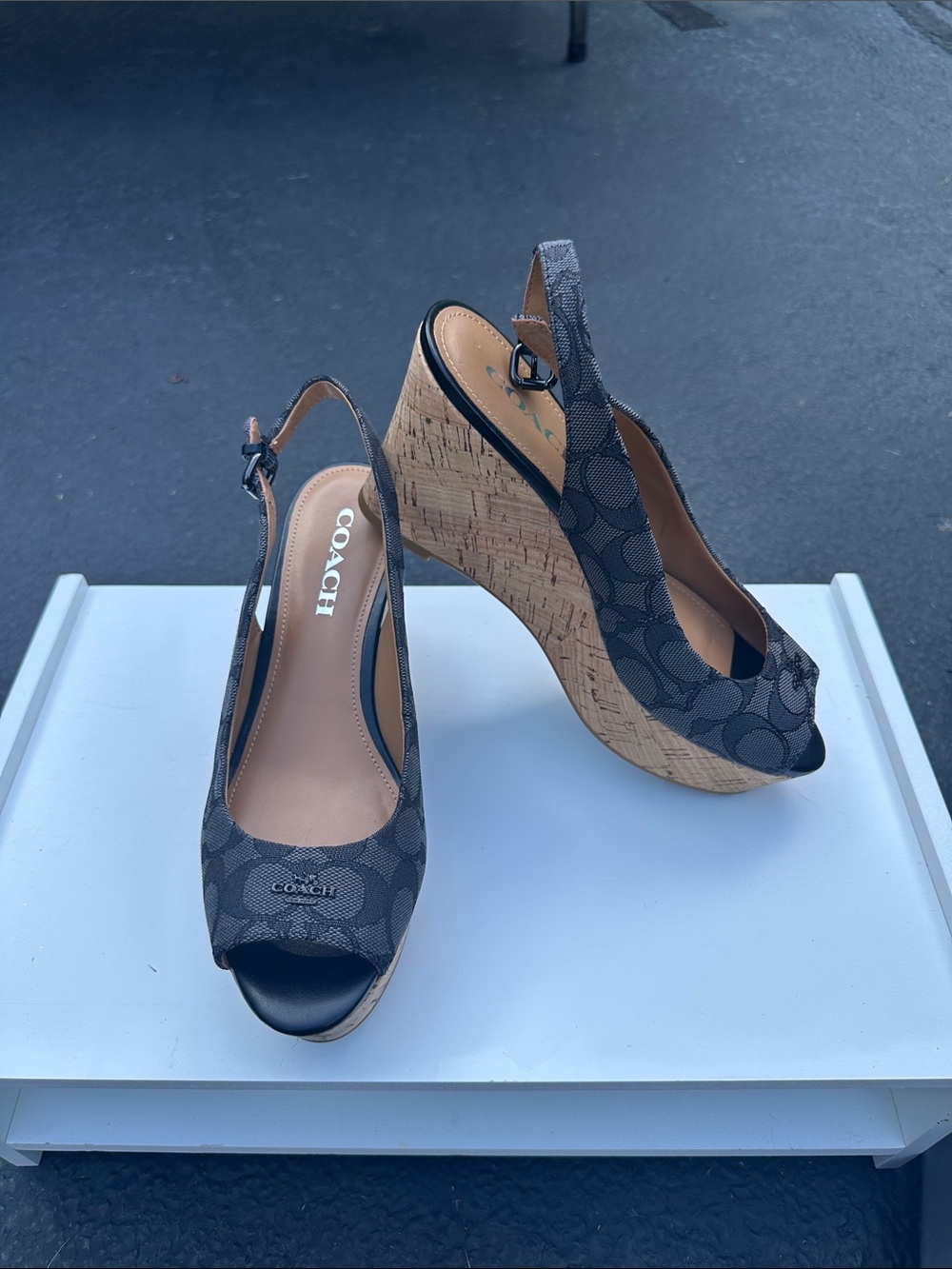 COACH Black Signature Logo Cork Wedge Slingback Sandals